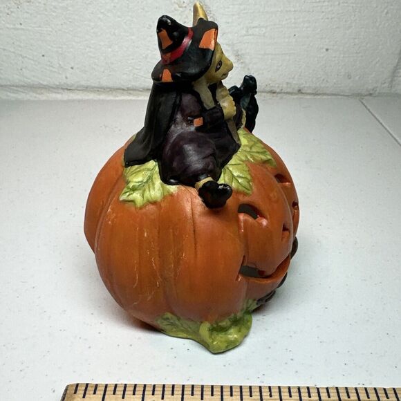Vintage Ceramic Halloween Pumpkin With Witch Decor Candle Holder - Picture 5 of 7